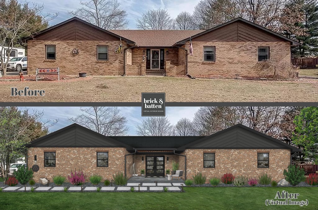 A before and after photo of a home with a courtyard