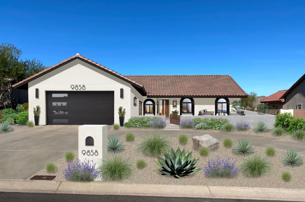 Virtual exterior design of a home with a xeriscaped front yard