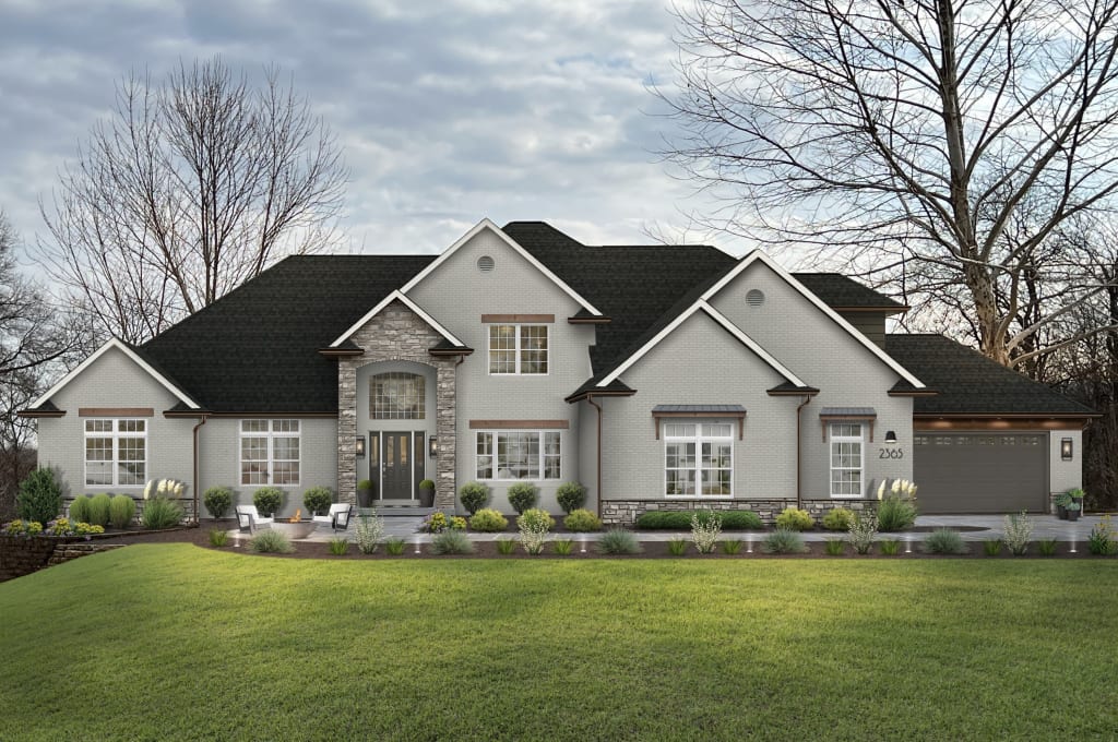 A virtual rendering of a brick home exterior