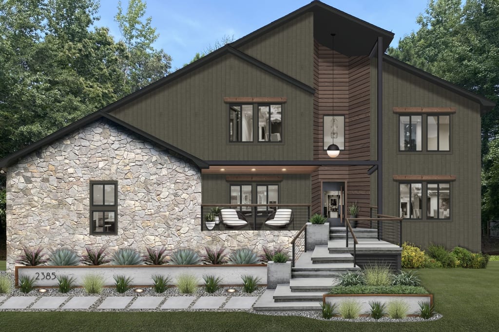 contemporary home with stone and wood accents and dark olive green siding