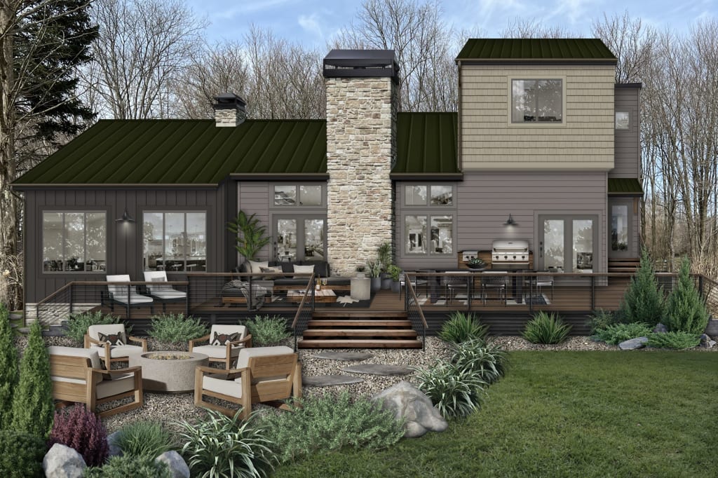 Photorealistic rendering of the back of a home exterior with a metal roof.