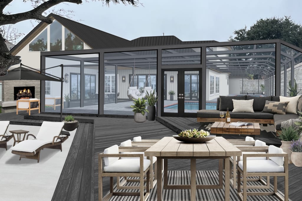contemporary home with a lanai porch with glass panes to enclose the pool area