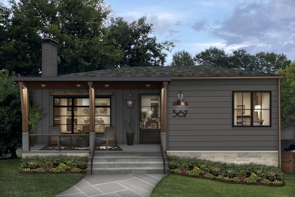 small monochrome modern ranch style home painted dark gray