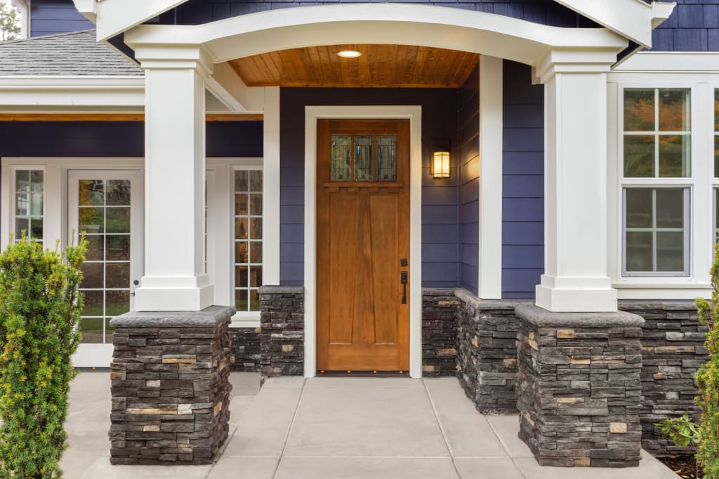 Front door, wood, interesting glass