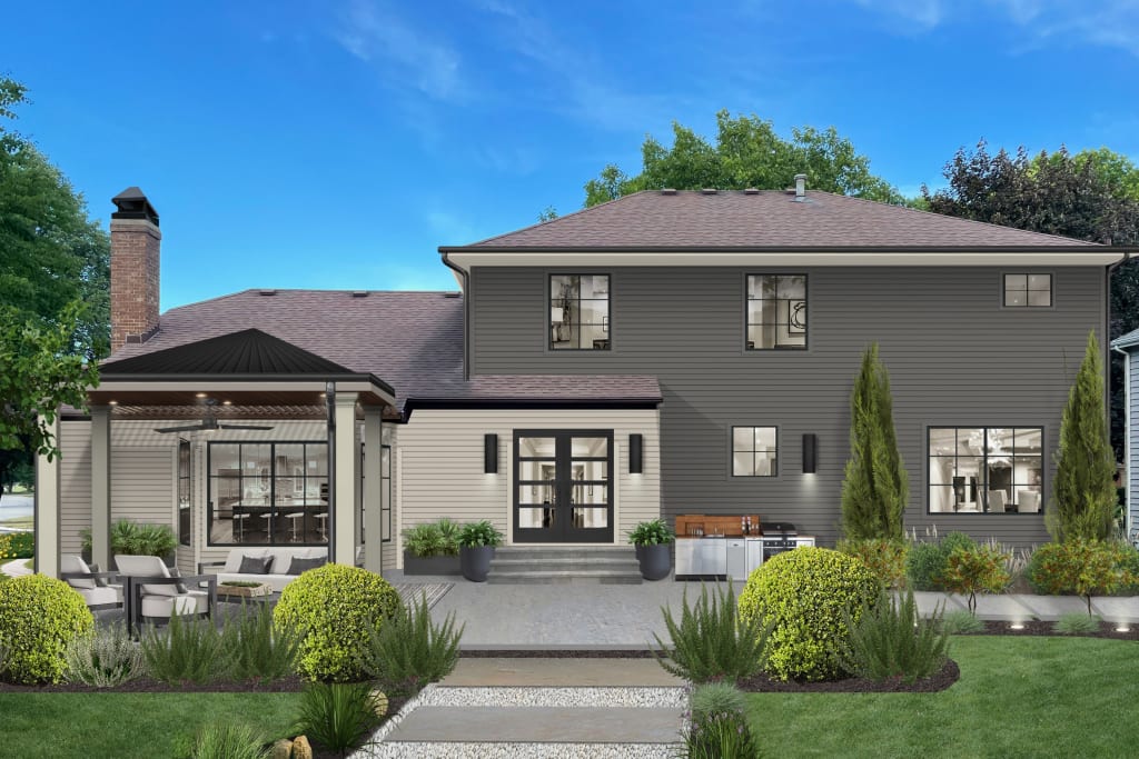 Virtual rendering of a home's backyard with outdoor dining space