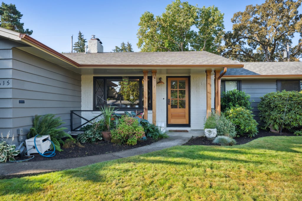 A close-up of a modernized ranch style house