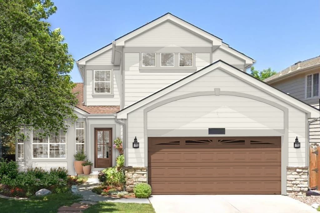 Design rendering of a home exterior with white siding and gray accents.