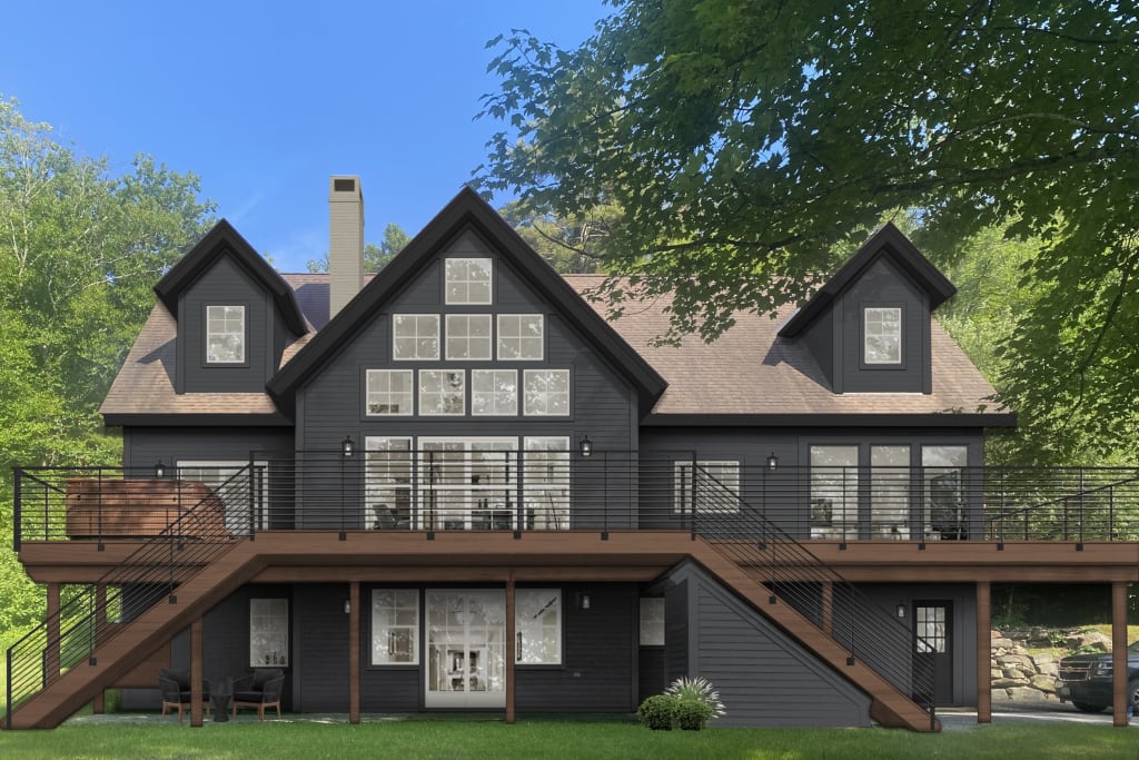 A rendering of the back of a home with a walnut stained deck