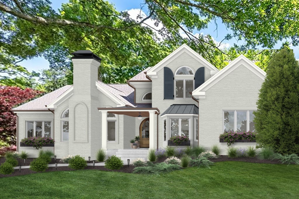 Photorealistic rendering of a brick home exterior with dark blue shutters.