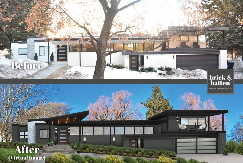 Before and after of a modern, contemporary home with a slanted front porch awning painted in Deep River