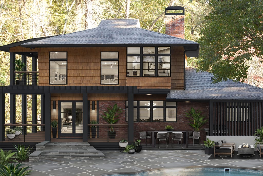 modern rustic home with two outdoor lounge spaces