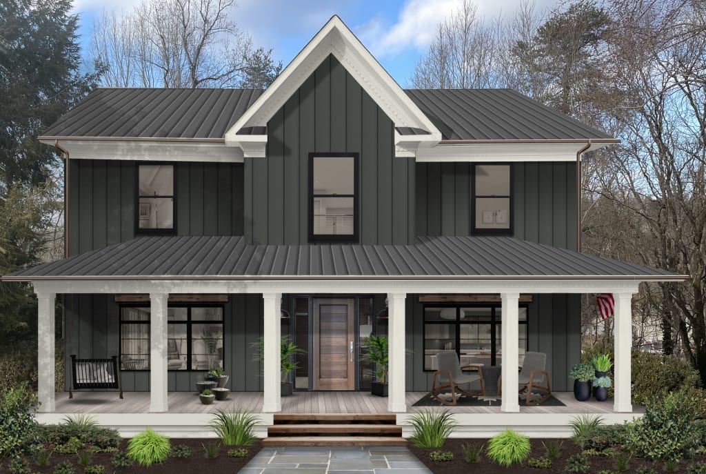 two story traditional home painted in deep river with white large front porch
