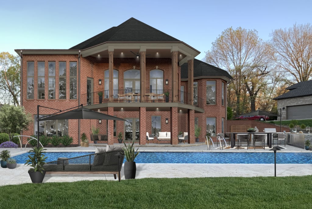 A rendering of the back of a modern mansion with a pool