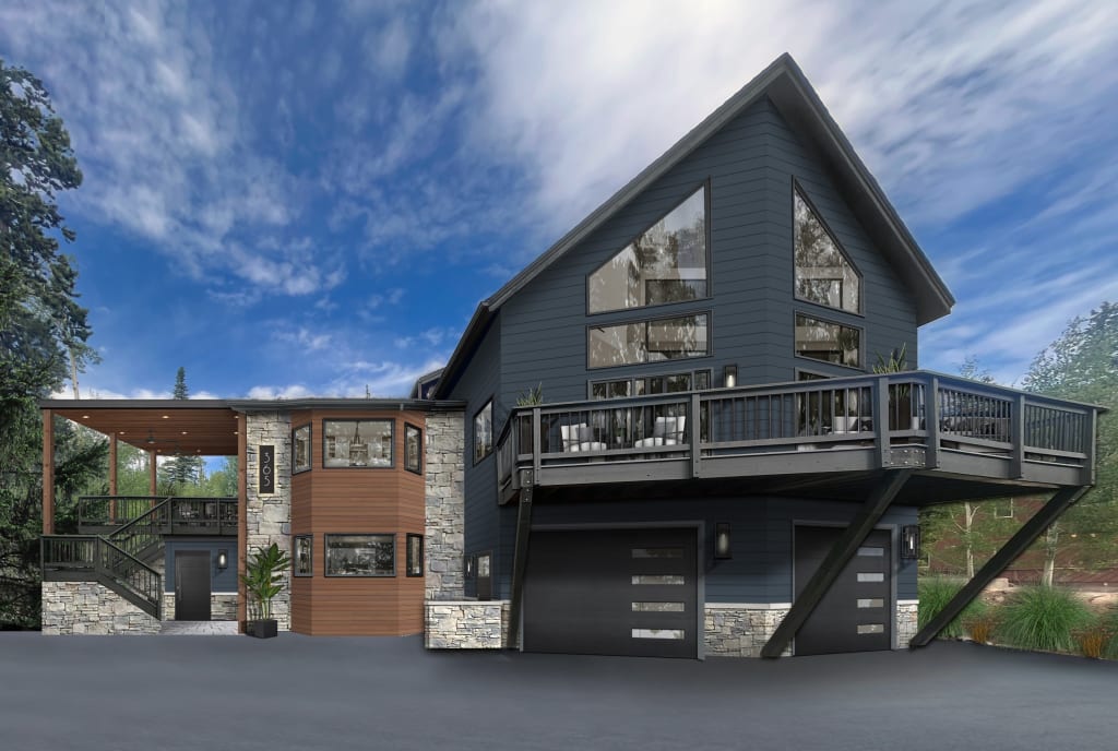 Rendering of a home exterior with large second-story deck finished in modern house colors.