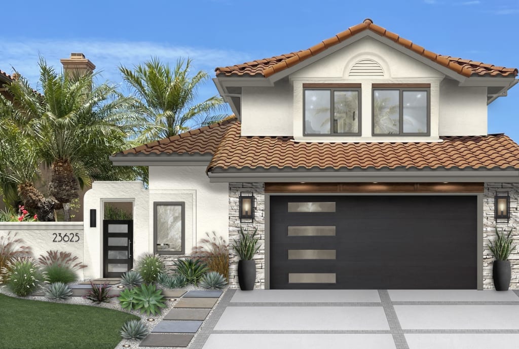 Rendering of a stucco home with terracotta roof