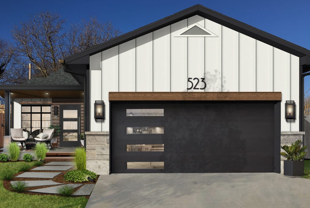 A rendering of a home with exterior stone and white siding