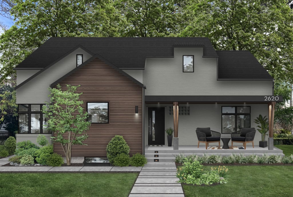 Digital rendering of a modern farmhouse painted in Sherwin Williams' Illusive Green with wood cladding and columns, and black windows.