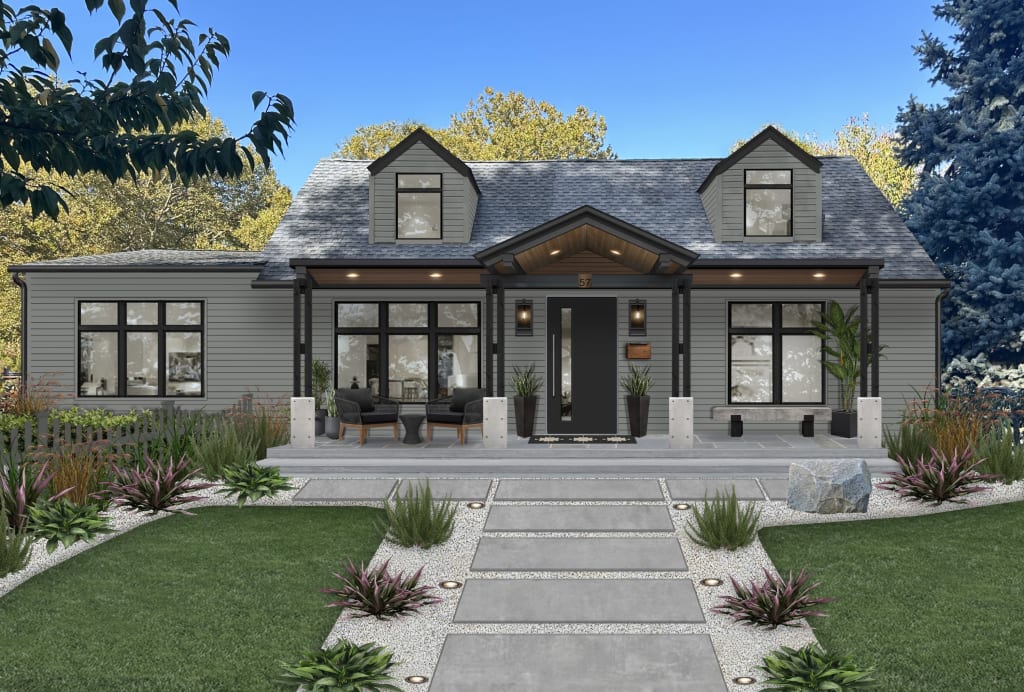stone-and-paver walkway to a green neutral home with black accents