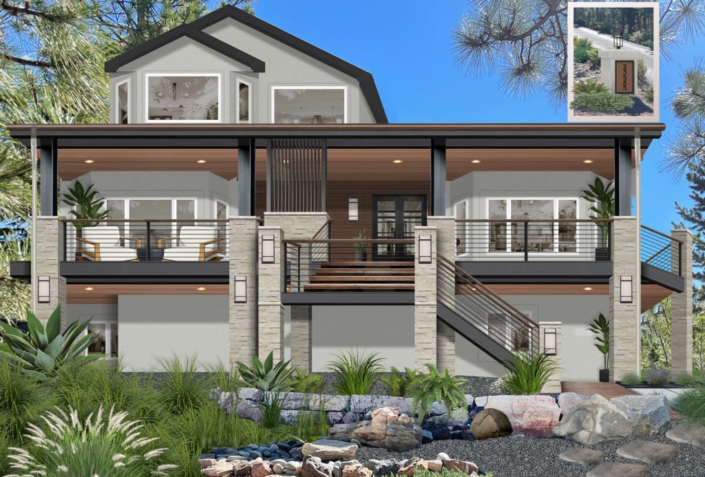 Modernist Japandi home with thick black trim and stone accents