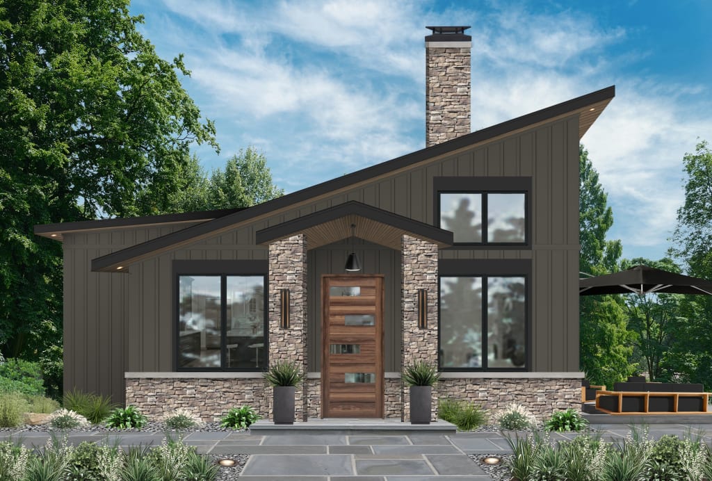 contemporary home with a shed roof, stone skirting, stone fireplace, and black trim