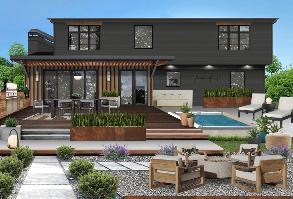 Modern and moody house with an attached pergola, plunge pool, and firepit area - all examples of unique backyard features.
