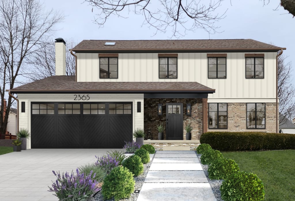 white house with natural brick and black wood grain front door