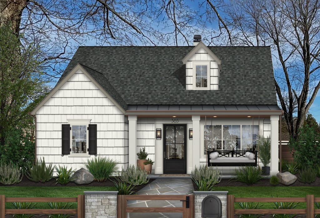 A rendering of a home exterior with a stone patio