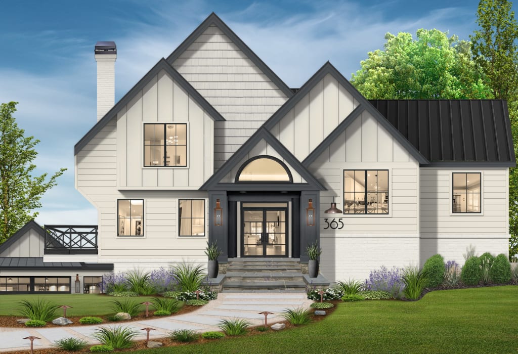 A multi-level home featuring shake siding