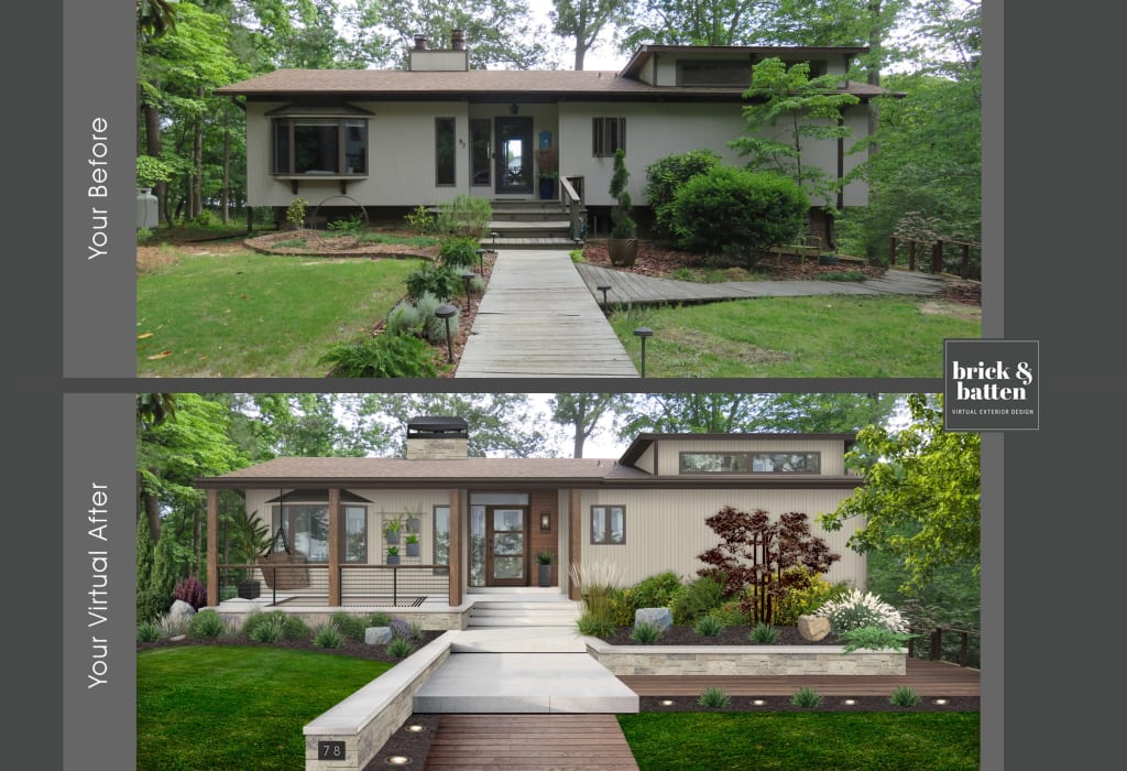 before and after of a house with a contemporary front door