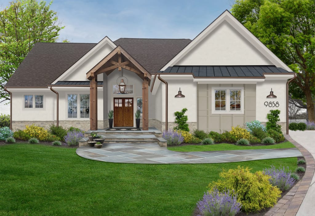 modern farmhouse style white painted ranch with wood beam porch and metal accent roof