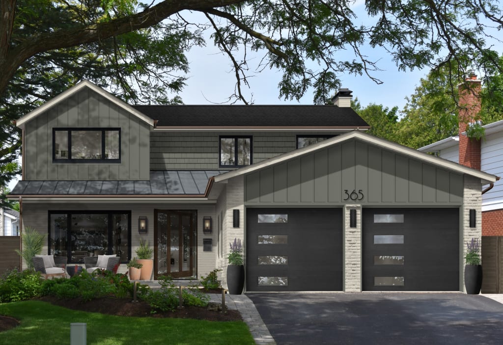 Rendering of a two-story home with greey siding and black accents.