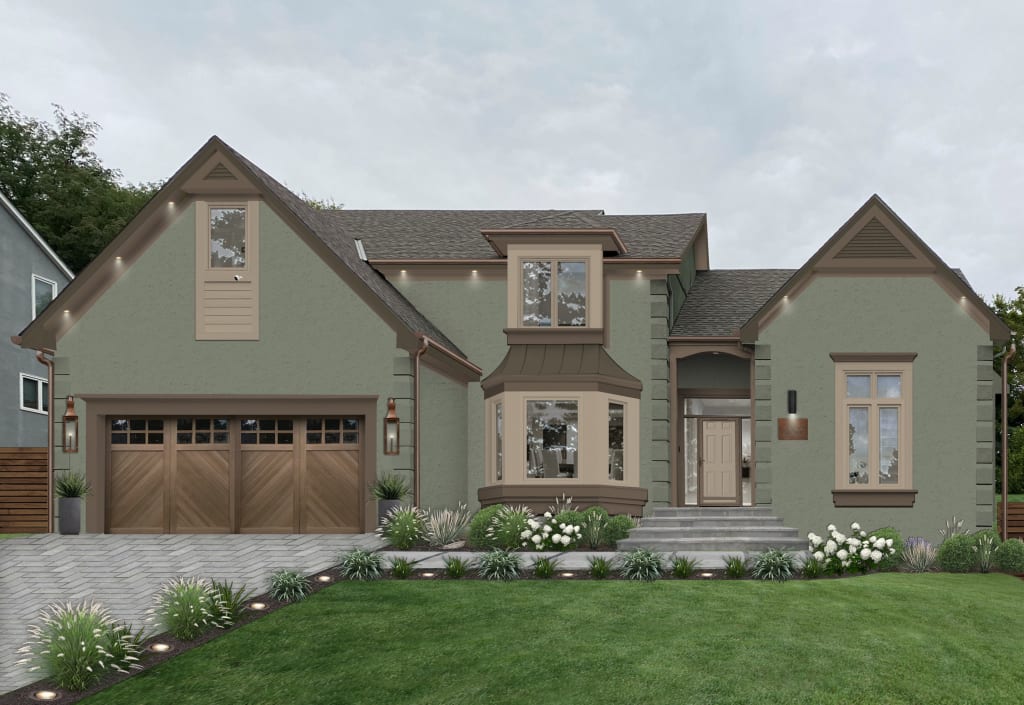 Two-level home painted in Dried Thyme by Sherwin Williams with beige and wooden accents. Also features a stone driveway and walkway.