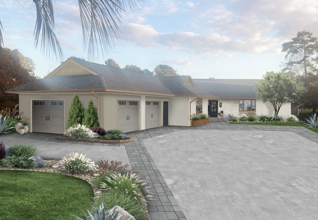 A rendering of a home with some of brick&batten's favorite driveway landscape ideas implemented