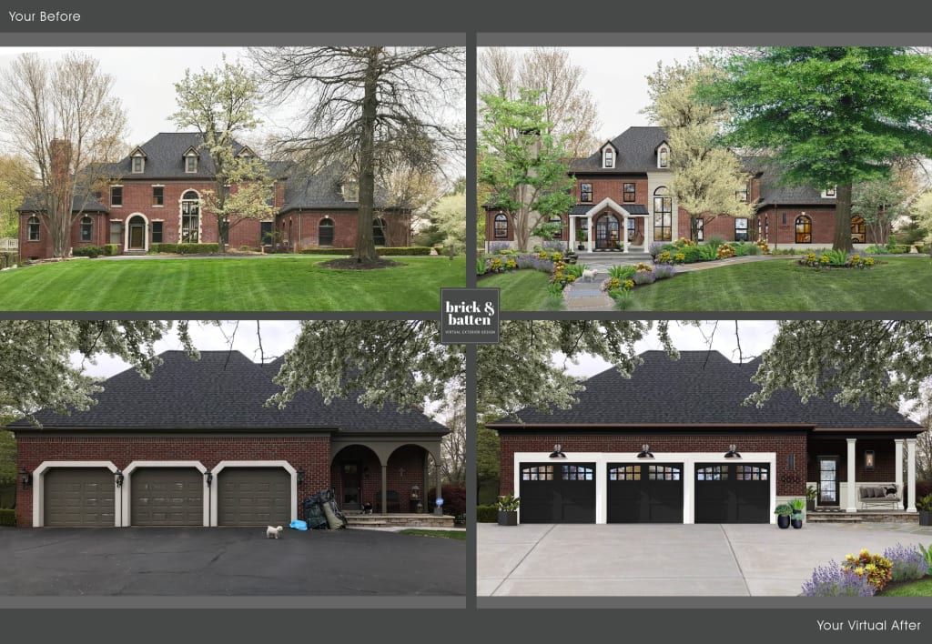 Before and after of a large traditional red brick home with a two-sided exterior design