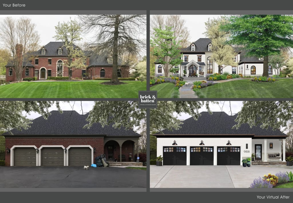 Before and after of a traditional two story home painted in Simply White with Winterwood accents and Onyx trim