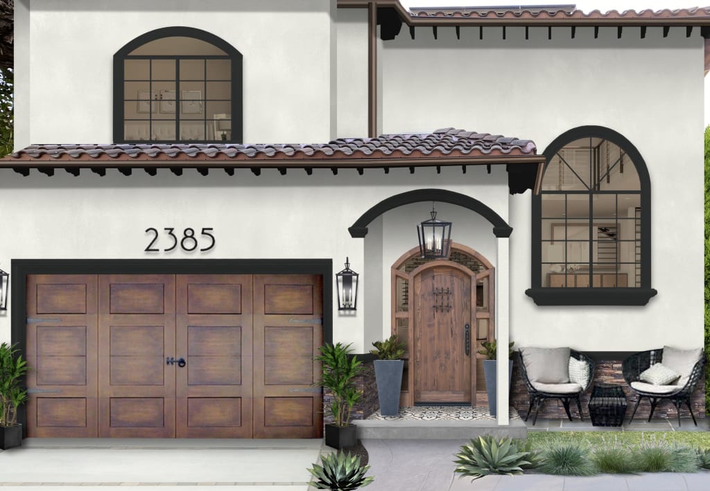A rendering of a home exterior with outdoor tile in the entrance area.