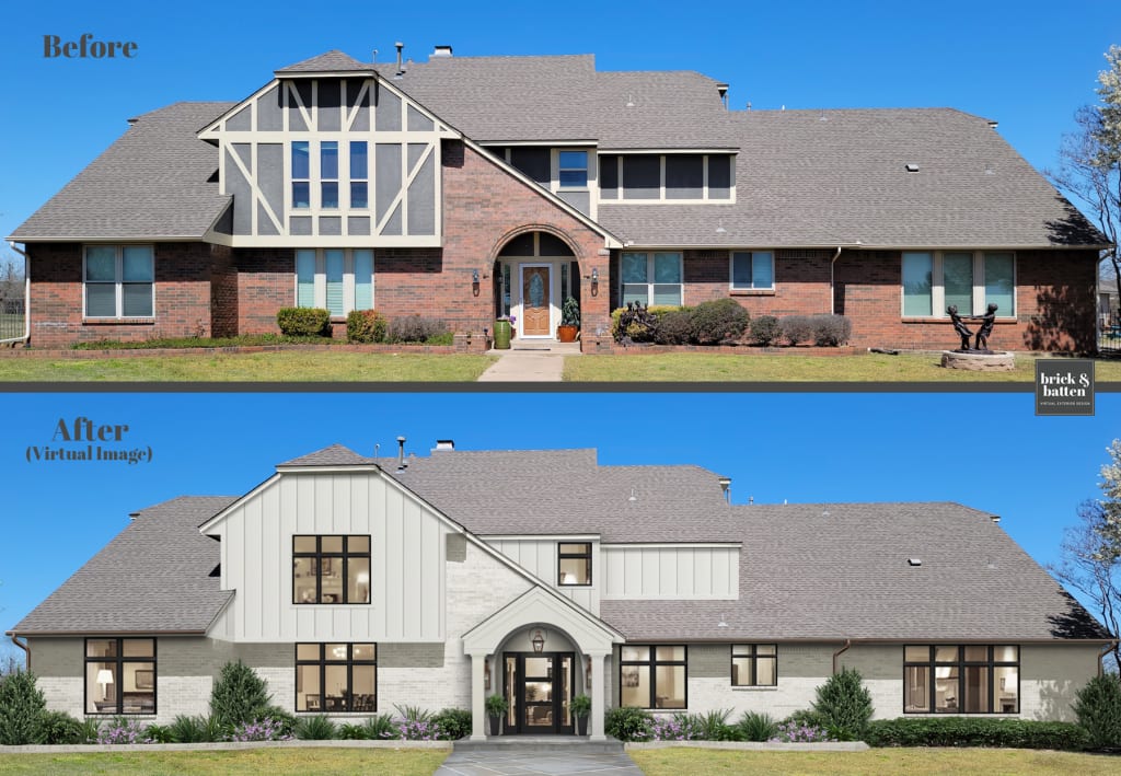 Modern tudor hoome with limewash brick and hardie siding