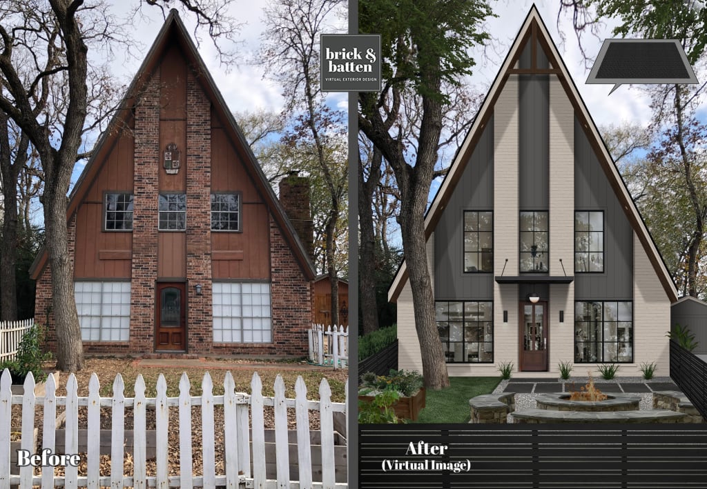 before and after rendering of an a-frame with a fire pit in the yard