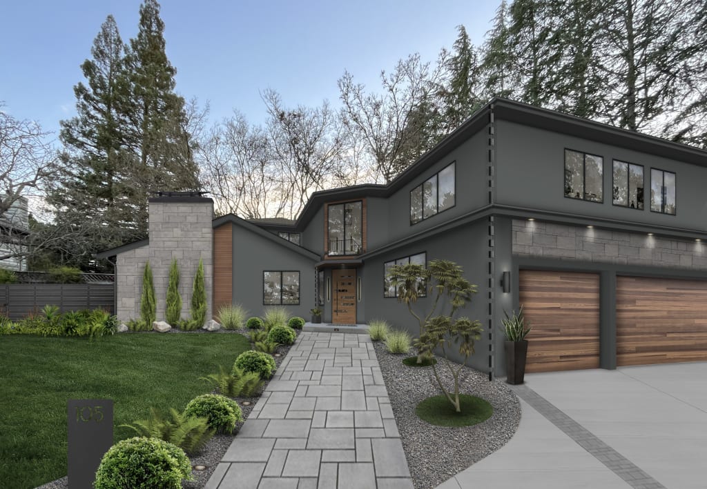 Digital rendering of a home exterior with two modern house colors.