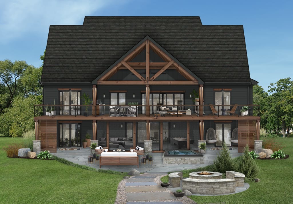 The rendering of the backside of a home with a sprawling outdoor living space