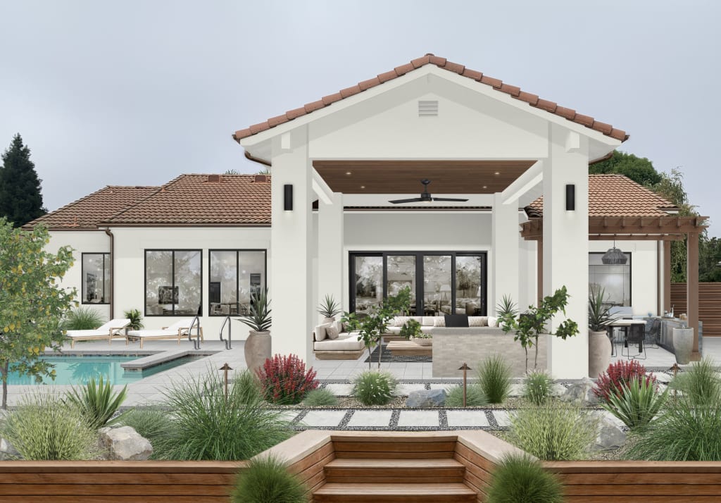 modern backyard with a pool and lounge area