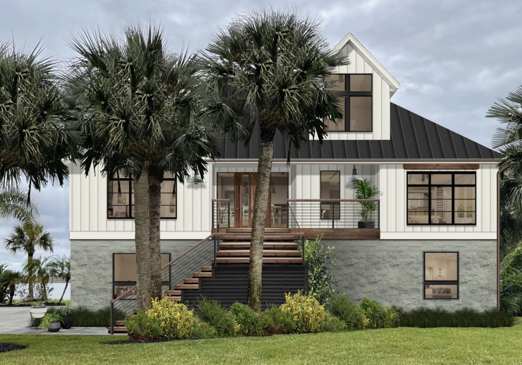 A rustic coastal home exterior rendering