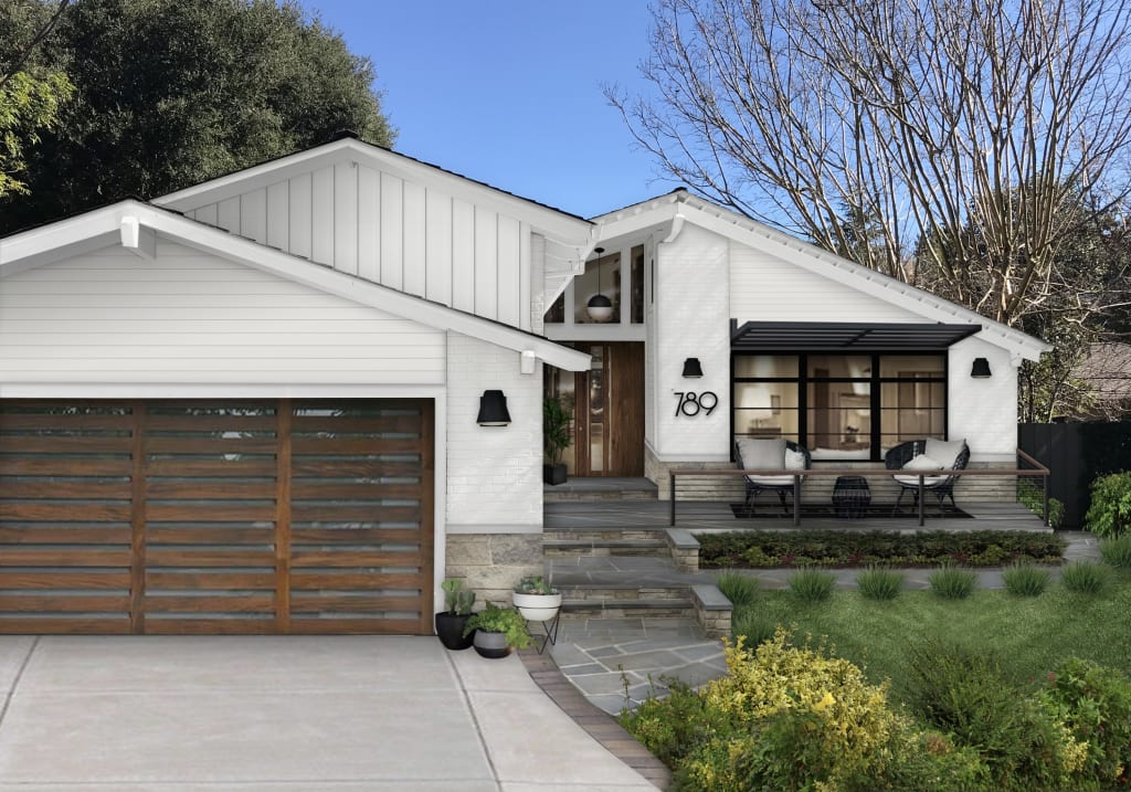 white ranch style home with wood accents, large black windows, and angled roofs