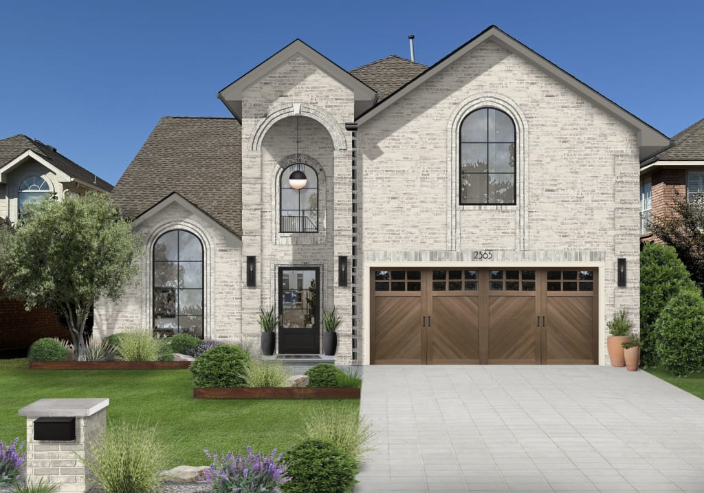 Photorealistic design rendering of a home exterior featuring painted brick and arched windows.