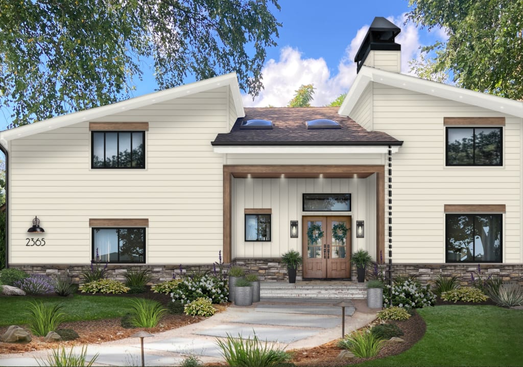 Rendering of a home exterior with off-white siding and wood accents.