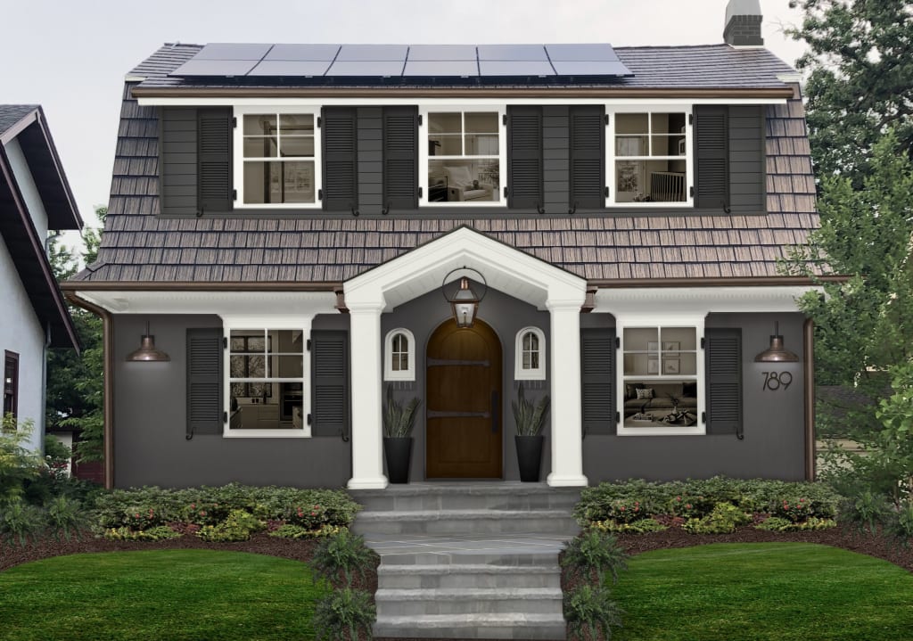 Virtual exterior design of a Dutch colonial home with noticeable window trim updates