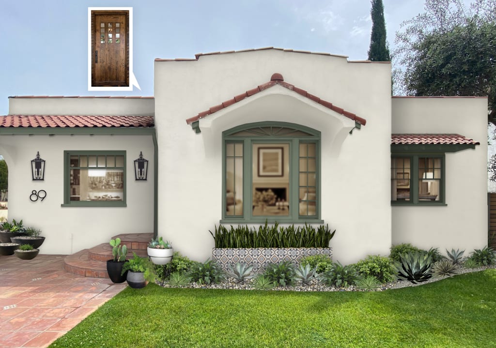 A Spanish-style home rendered with Sherwin Williams' Dover White