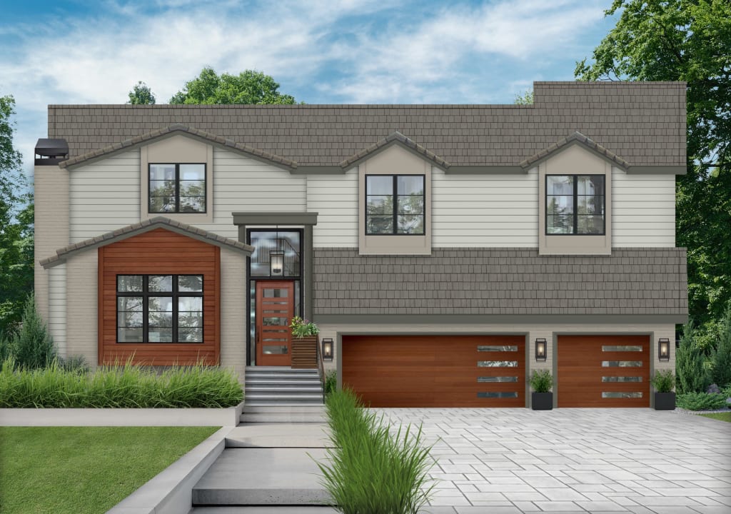 A rendering of a home exterior with wood accents stained with a cherry hue