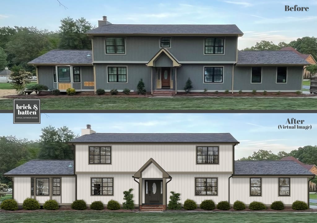 A before photo and rendering of a beautiful house design