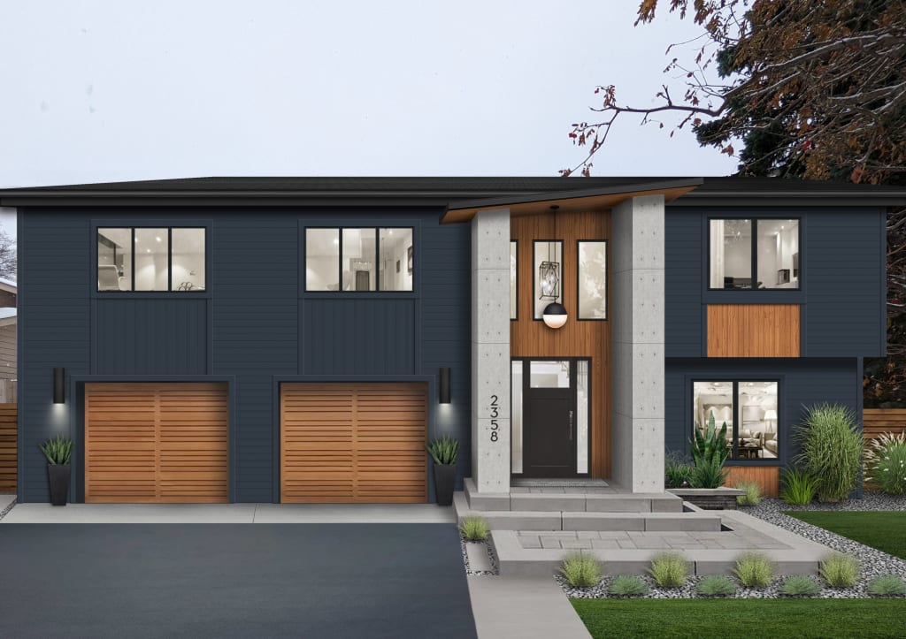 modern house with dark navy siding and wood accents